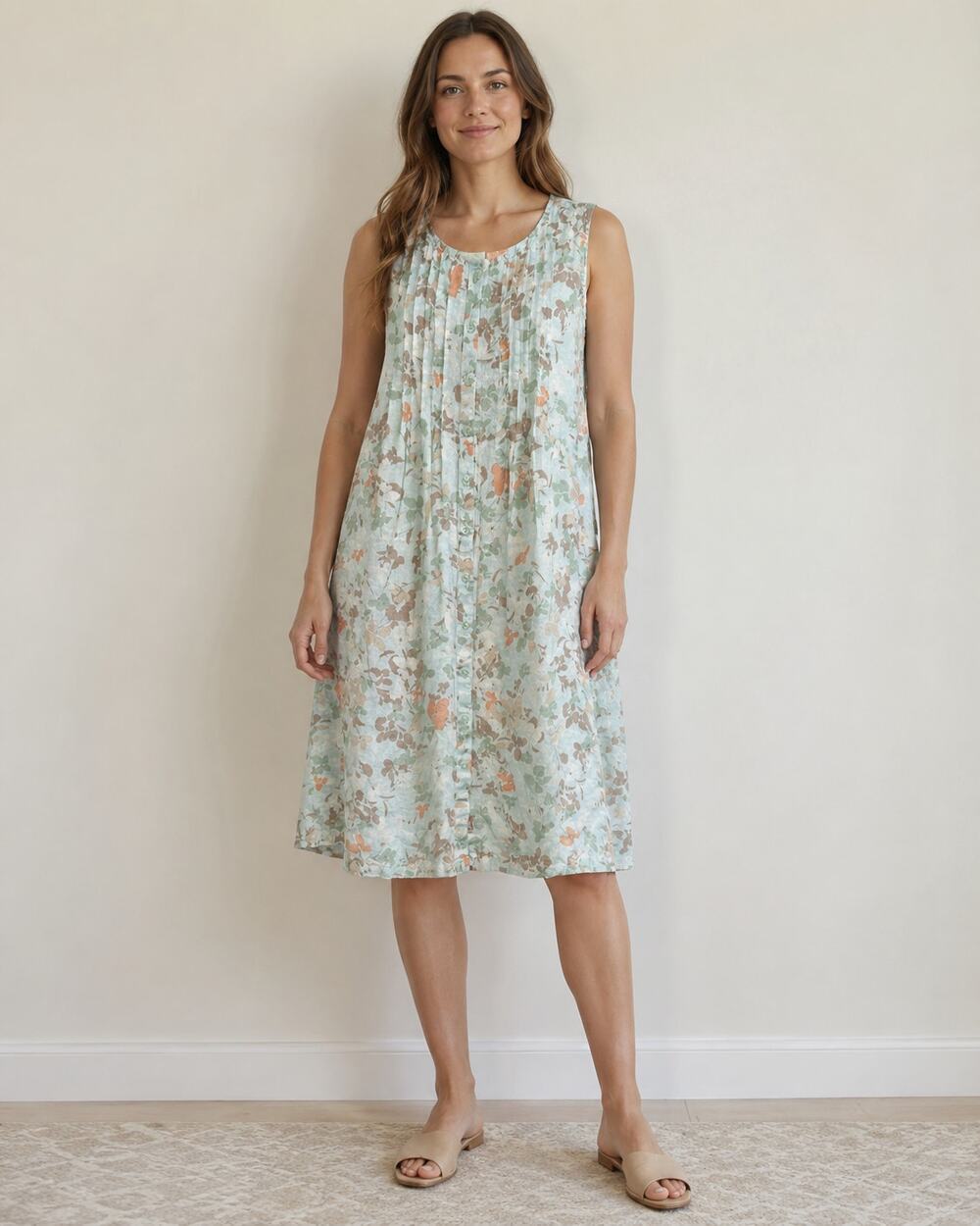 L.L.Bean Floral Linen Pintuck Sleeveless Button Front Dress Size 10 Cottagecore